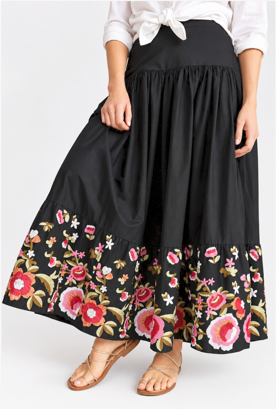 Soft Surroundings Cindi Black Floral Embroidered Tiered A-Line Maxi Skirt M NWOT